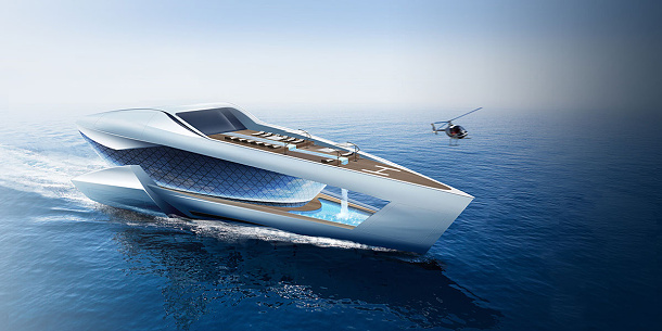 Futuristická 80 metrová super jachta s parkovištěm pro auta, vodopádem a ponorkami 1
